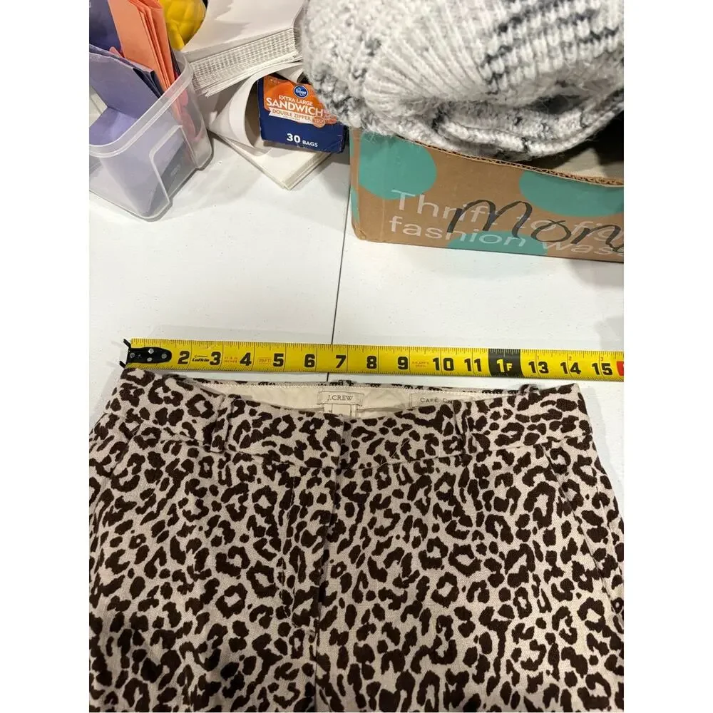 J Crew Womens 0 Pants Cafe Capri Leopard Animal Print 100% Linen Neutral
